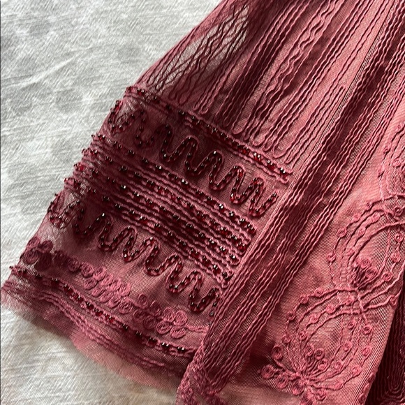 Altar'd State Dark Red Burgundy Beaded and Embroidered Flutter Sleeve Dress - Picture 4 of 15